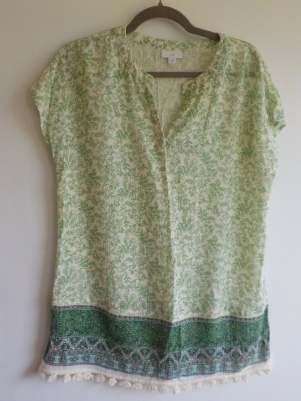 J.Jill Blouse Tunic Coverup - XS/Small - Green White Boho Cotton Blend (2255)